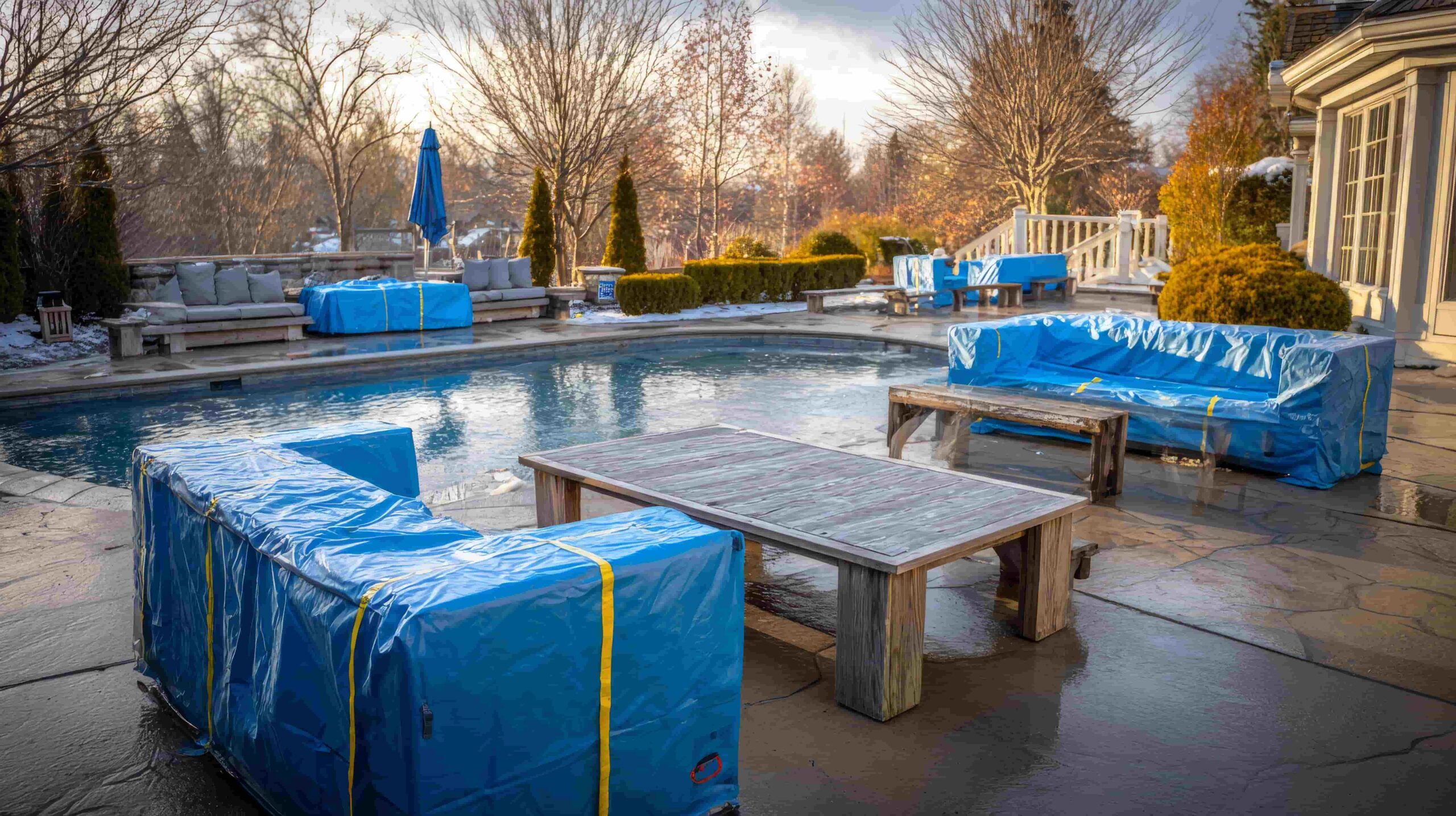Gartenmöbel und Outdoor-Dusche winterfest abgedeckt mit Schutzfolie